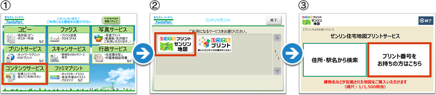 1,店頭のマルチコピー機で「コンテンツサービス」を選択 2,「いつでもプリント ゼンリン地図」を選択 3,「プリント番号をお持ちの方はこちら」を選択