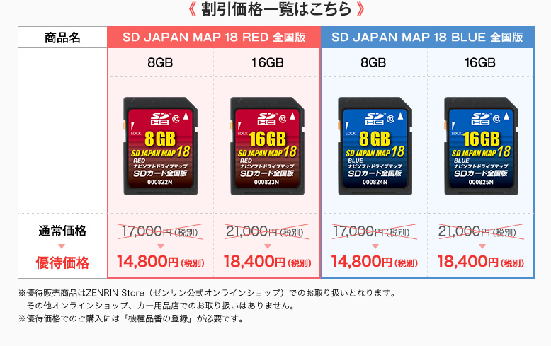 割引価格一覧はこちら　※優待販売商品はZENRIN Store（ゼンリン公式オンラインショップ）でのお取り扱いとなります。その他オンラインショップ、カー用品店でのお取り扱いはありません。※優待価格でのご購入には「機種品番の登録」が必要です。