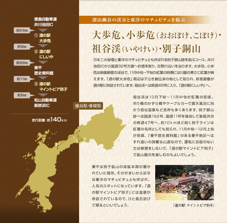 深山幽谷の渓谷と東洋のマチュピチュを結ぶ　大歩危、小歩危（おおぼけ、こぼけ）・祖谷渓（いやけい）・別子銅山