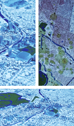 ゼンリンの3Dデータを使って作成した都市模型に日建設計の建築物情報や、地図データをプロジェクションマッピングで投影