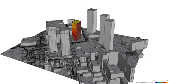ゼンリンの3Dデータと建築物のモデルを使用して、日照シミュレーションを行い、それにより発生するエネルギー量を可視化したイメージ