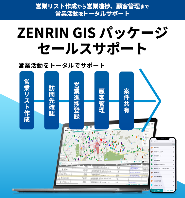 ZENRIN GISパッケージ セールスサポート　営業リスト作成から営業進捗、顧客管理まで営業活動をトータルサポート