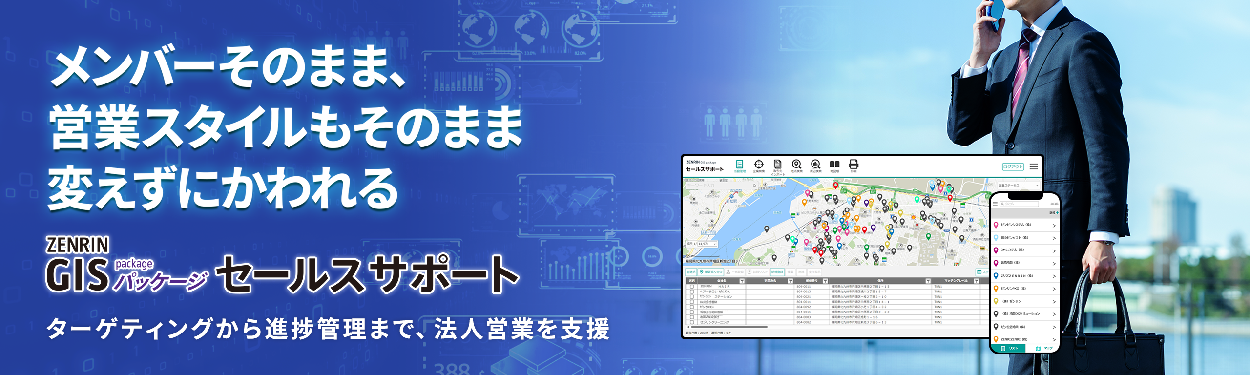 ZENRIN　GISパッケージ　セールスサポート　メンバーそのまま、営業スタイルもそのまま変えずにかわれる　ターゲティングから進捗管理まで、法人営業を支援