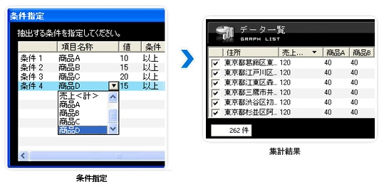条件指定,集計結果