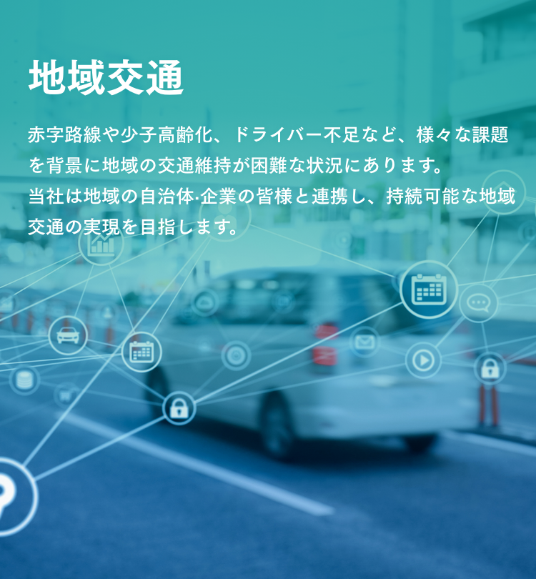 地域交通　赤字路線や少子高齢化、ドライバー不足など、様々な課題を背景に地域の交通維持が困難な状況にあります。当社は地域の自治体・企業の皆様と連携し、持続可能な地域交通の実現を目指します。