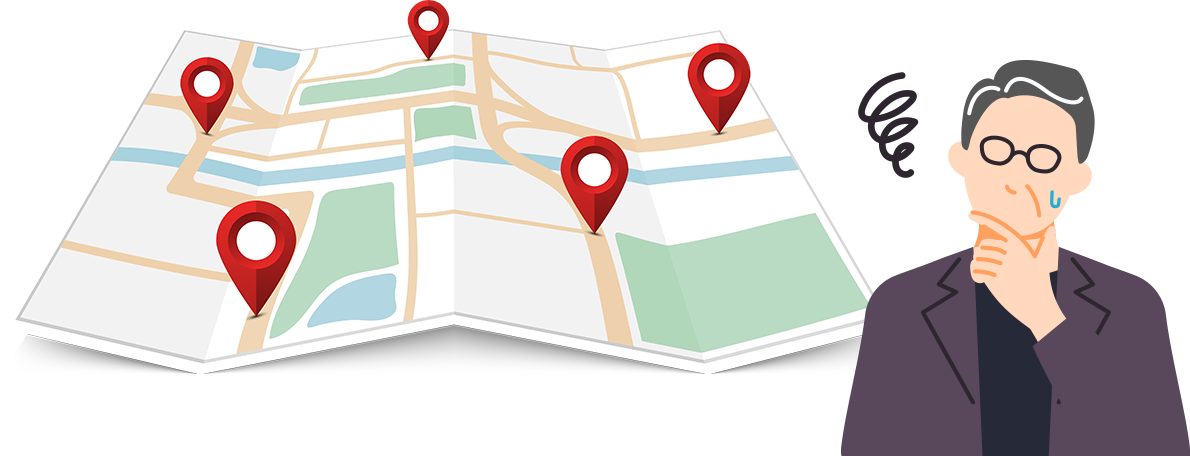 複数の位置情報ピンが立てられた折り畳み地図を前に、頭を抱えて悩む男性のイラスト。